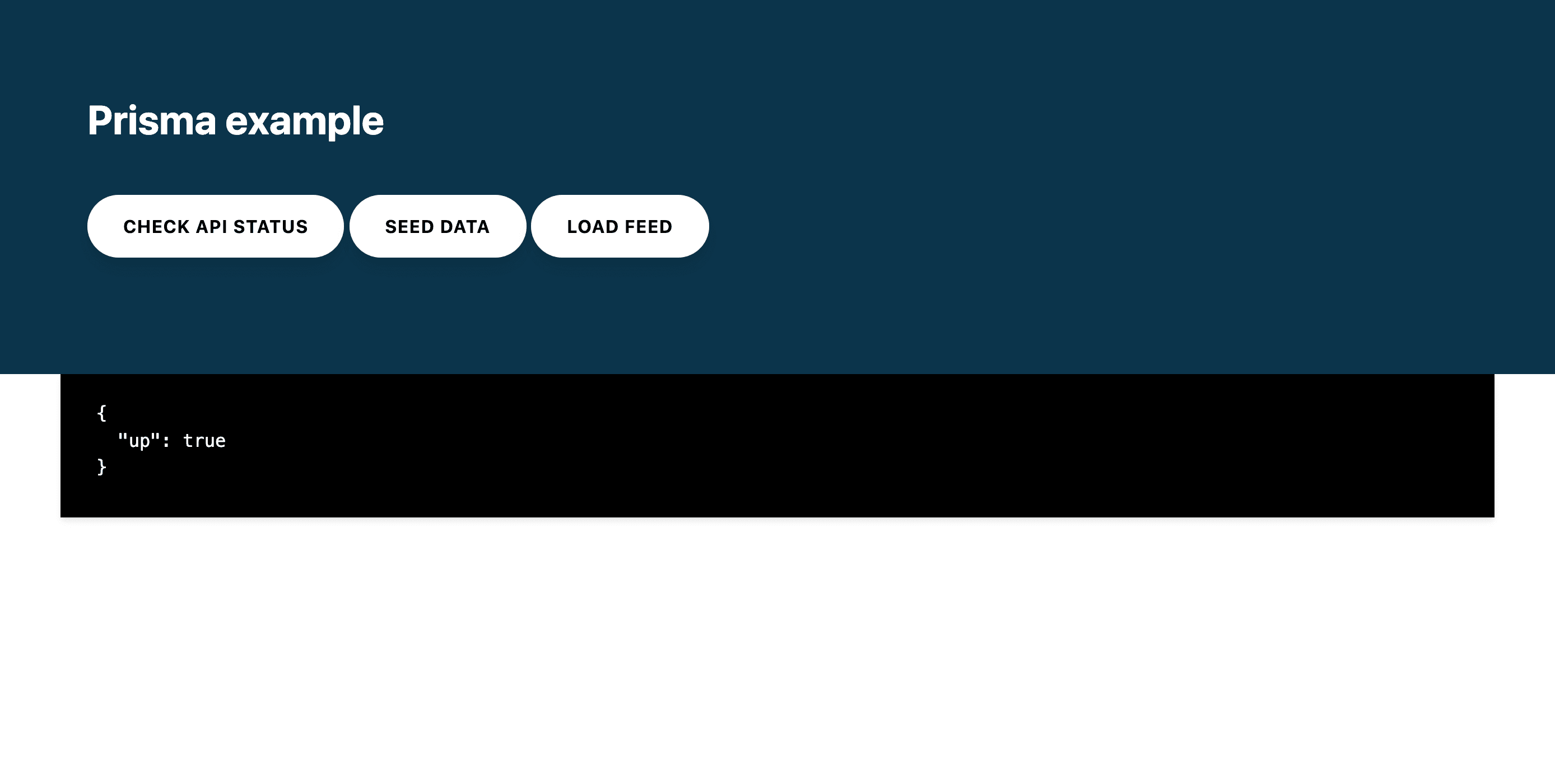 브라우저에서 Check API status, Seed data, Load feed 버튼이 보이는 배포된 Prisma 앱 프런트엔드.