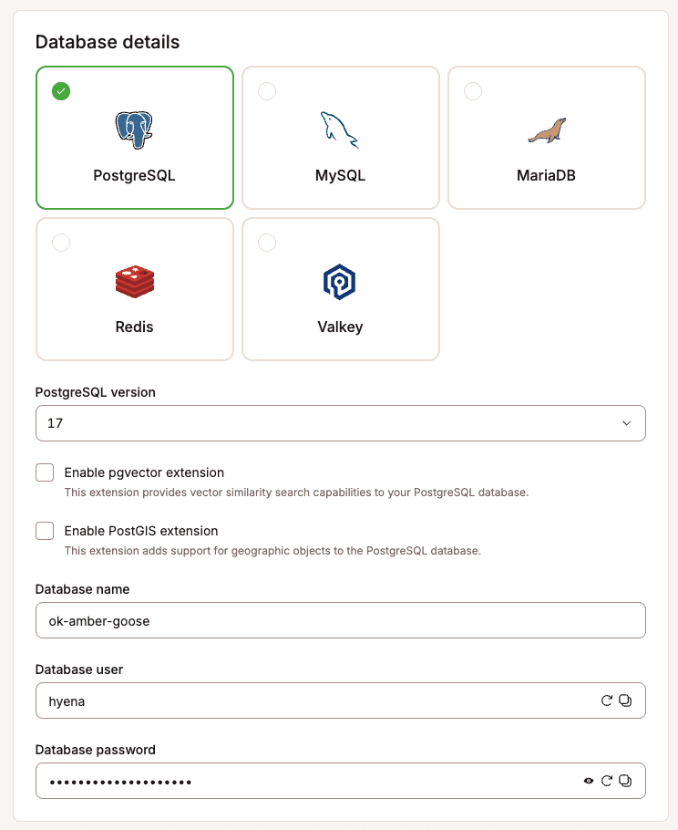Sevalla의 데이터베이스 생성 인터페이스