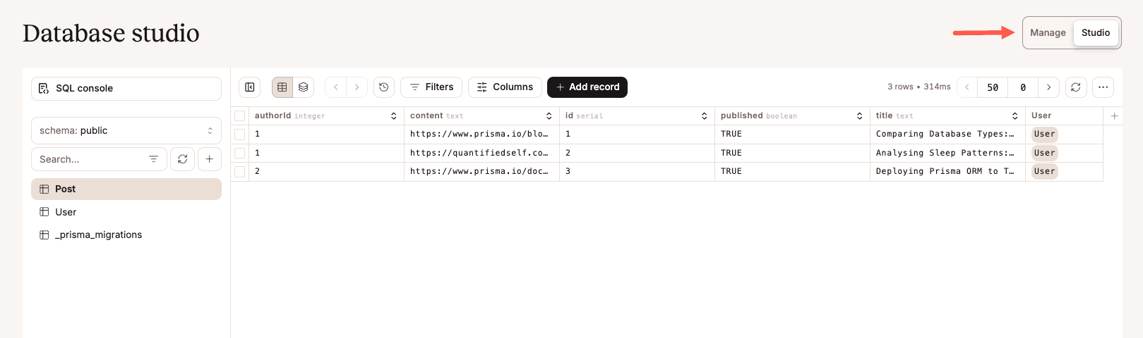 Sevalla 데이터베이스 스튜디오 인터페이스