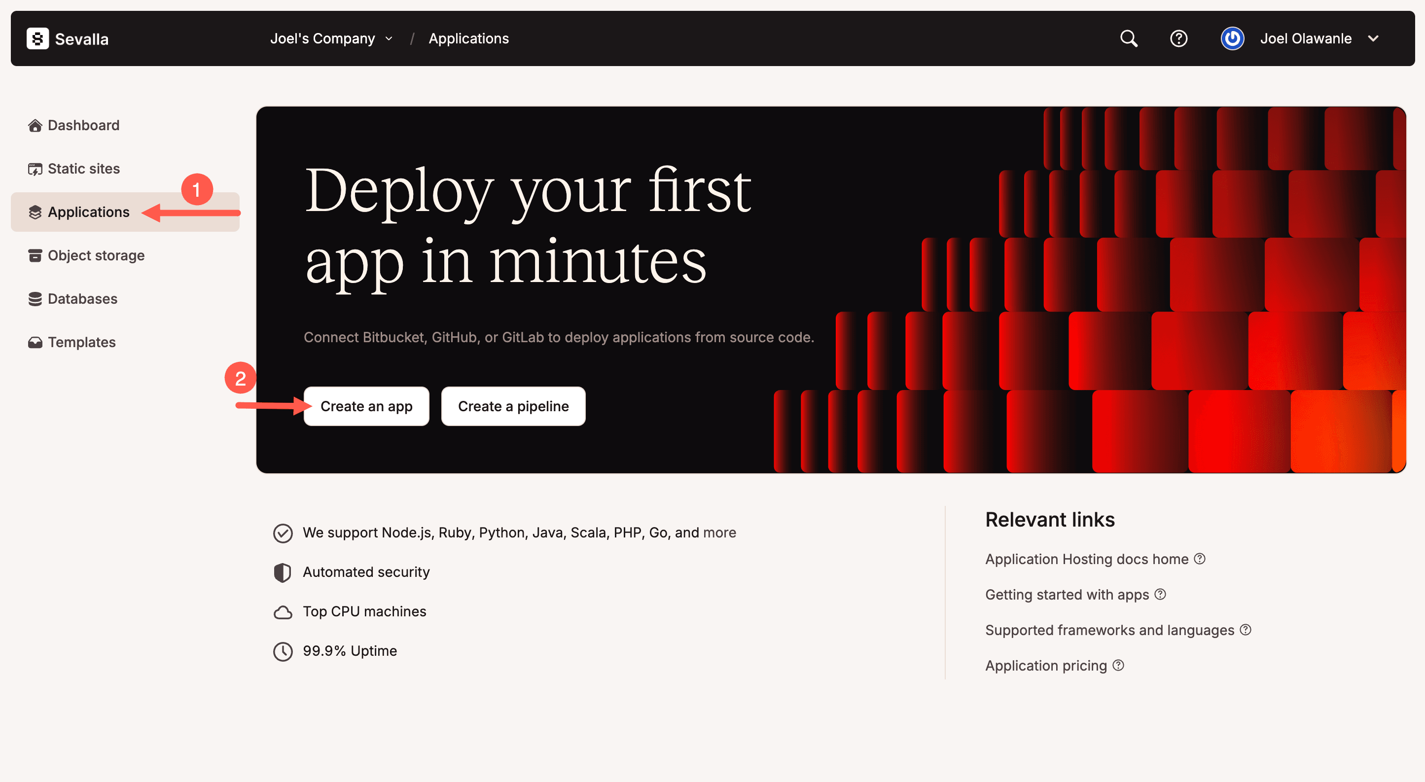 Sevalla app creation interface